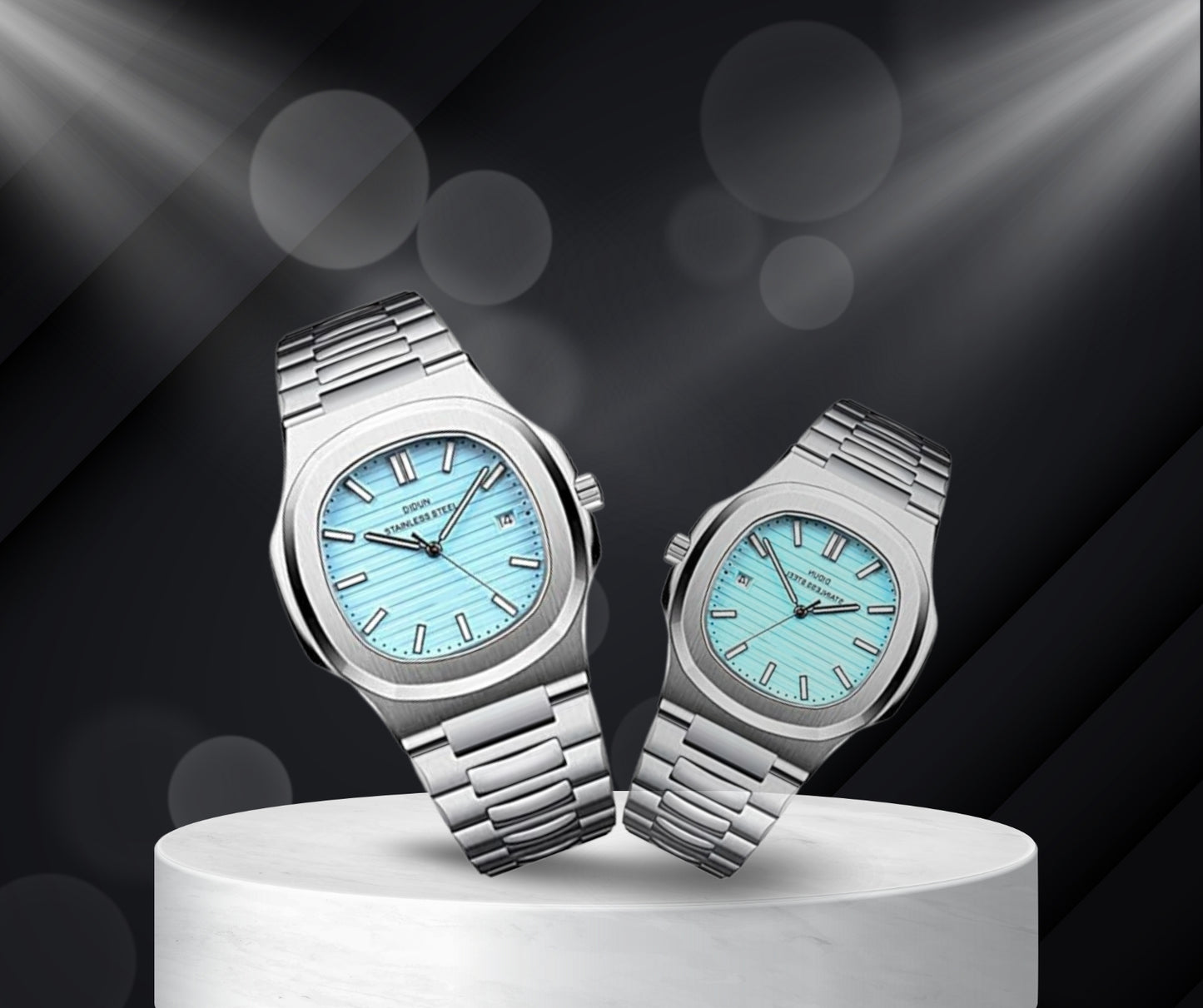 DIDUN Stainless Steel Men Watches featuring aqua blue dials and silver bracelets displayed on a pedestal.
