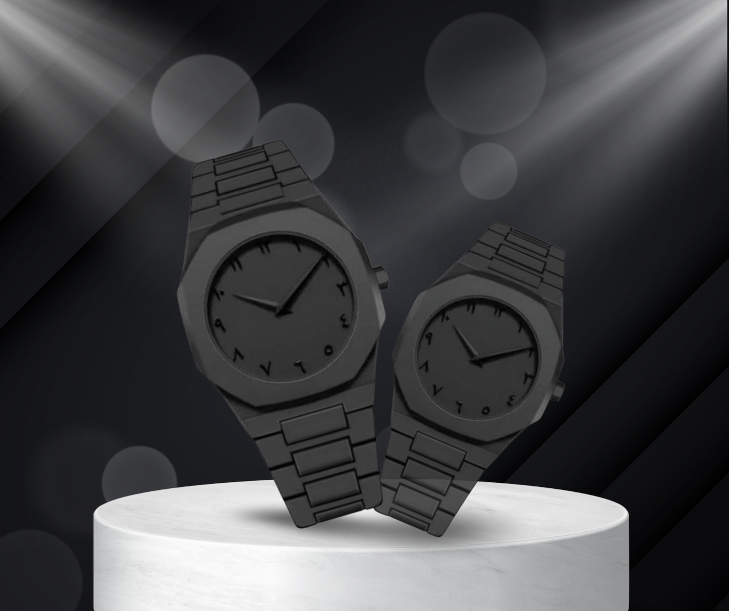 Black Aura watches in matte black finish, showcasing elegance and minimalist design on a display pedestal.