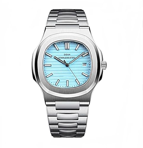 DIDUN stainless steel men's watch with light blue dial, quartz movement, and butterfly clasp, model PD49.